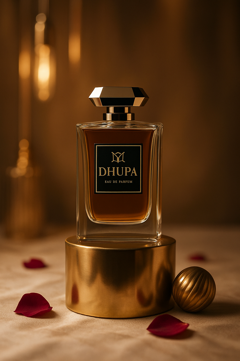 Botol Dhupa 35 ml ungu dengan tutup emas di atas kain satin